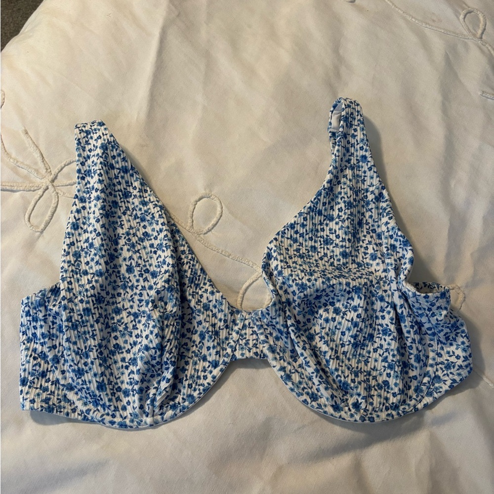 Hollister White Bikini Top with Blue Floral Trim